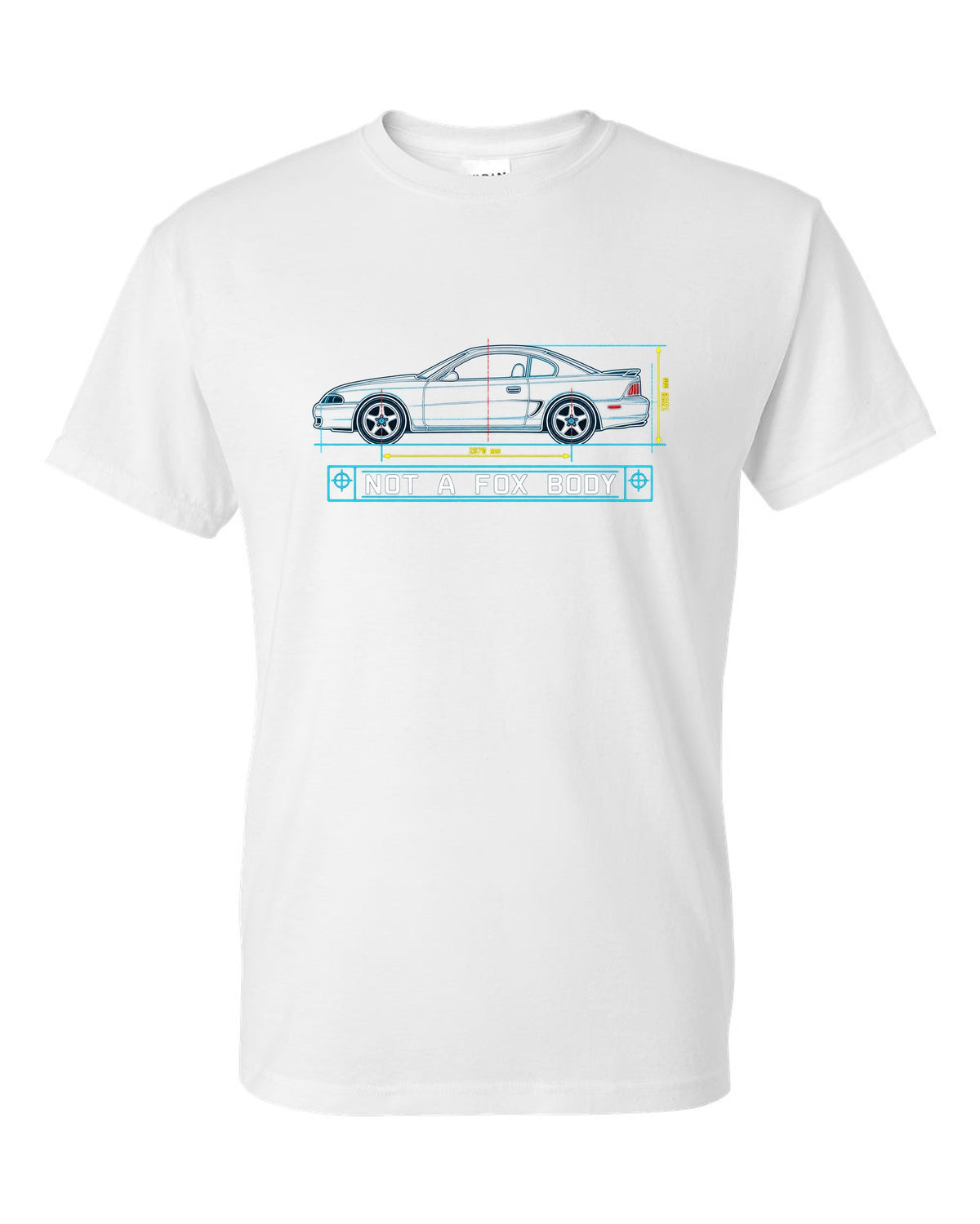 1994-98 SN95 Mustang Coupe Blueprint white t-shirt front view with the design