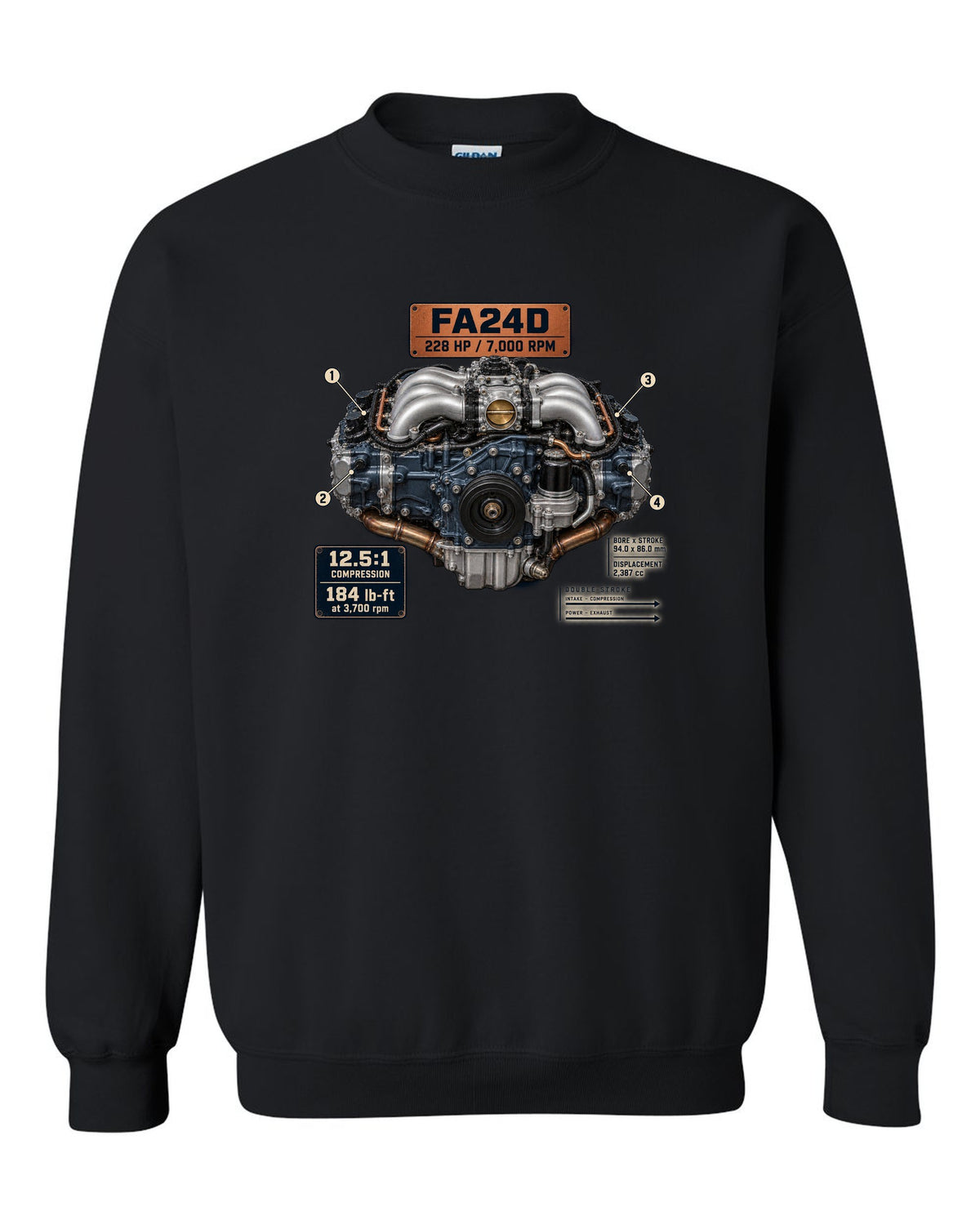 Poster-style engine print of the FA24D flat-four from the Subaru BRZ ZD8 and Toyota GR86 ZN8 black crewneck front view with the design