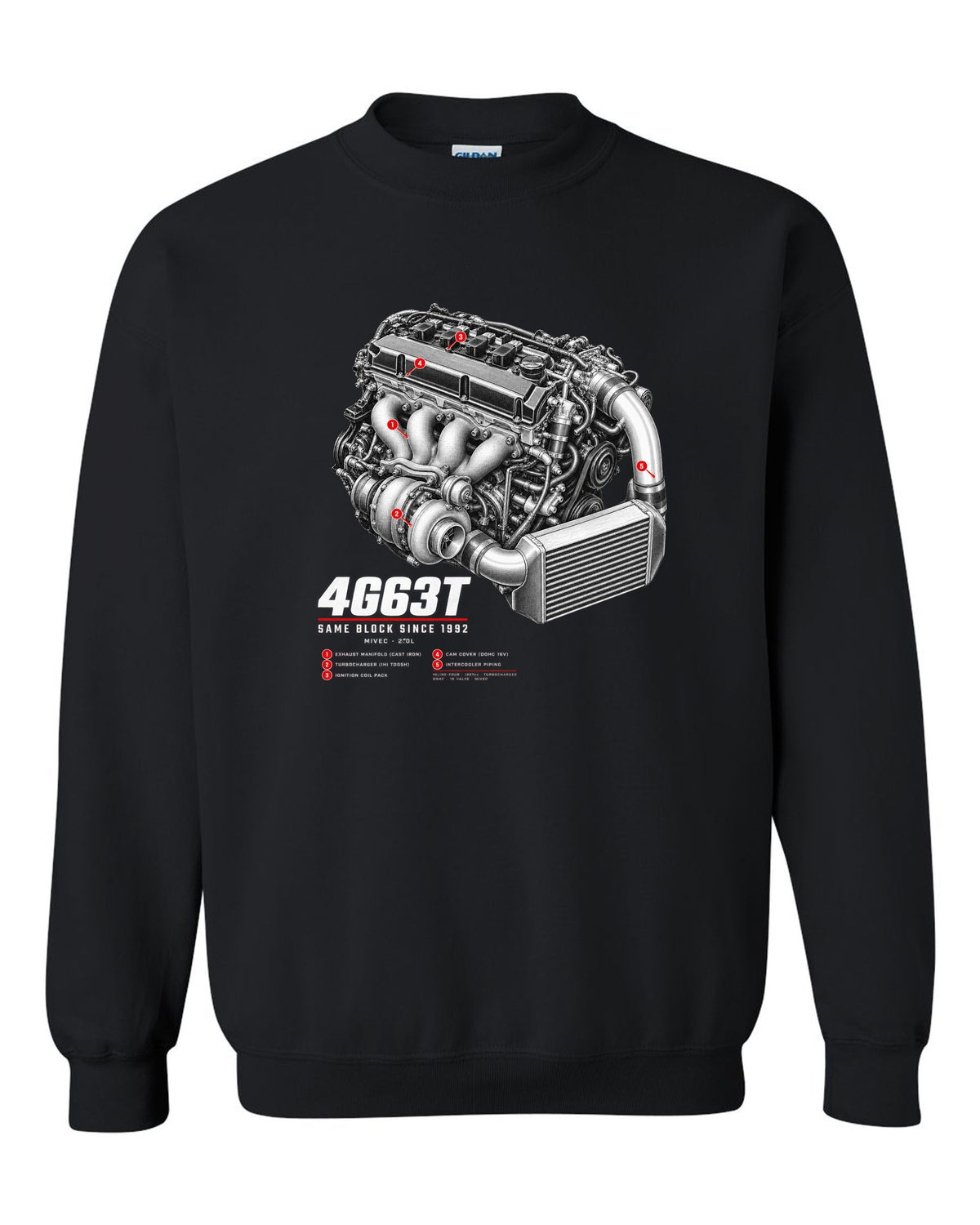 Engine hero print for the Mitsubishi Lancer Evolution IX MR CT9A reading 4G63T, MIVEC, 2.0L, same block since 1992 black crewneck front view with the design