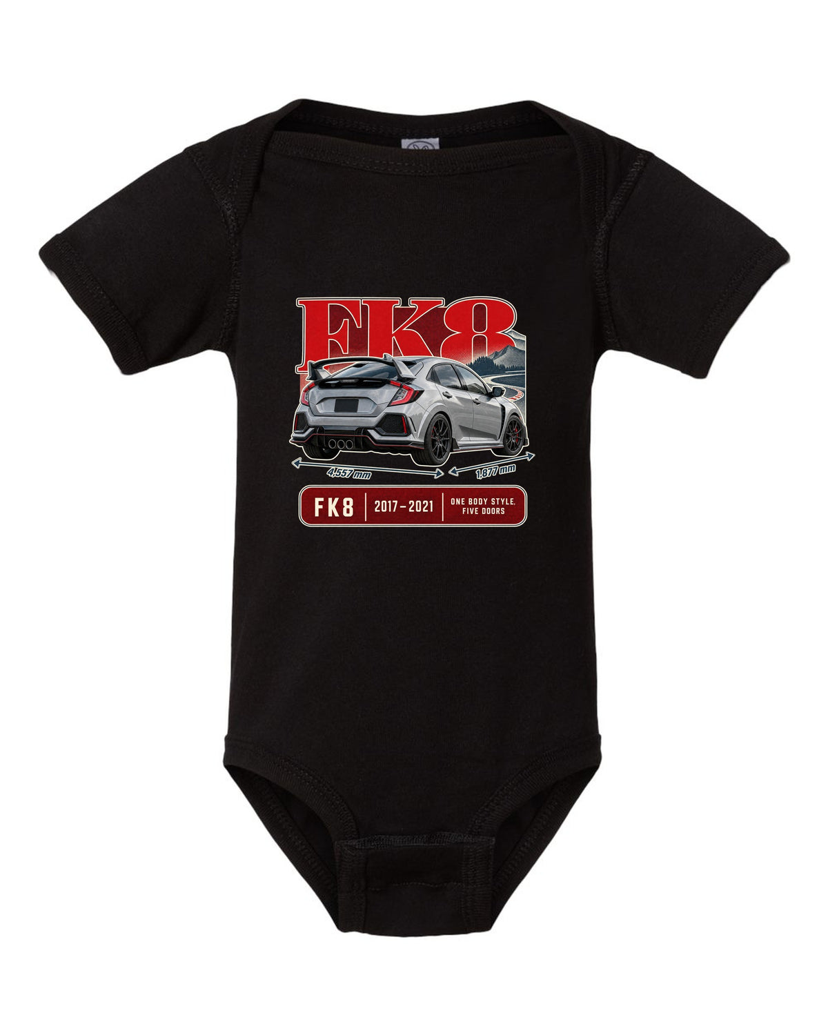 print archive panel of a silver-grey Honda Civic Type R FK8 black baby onesie front view with the design