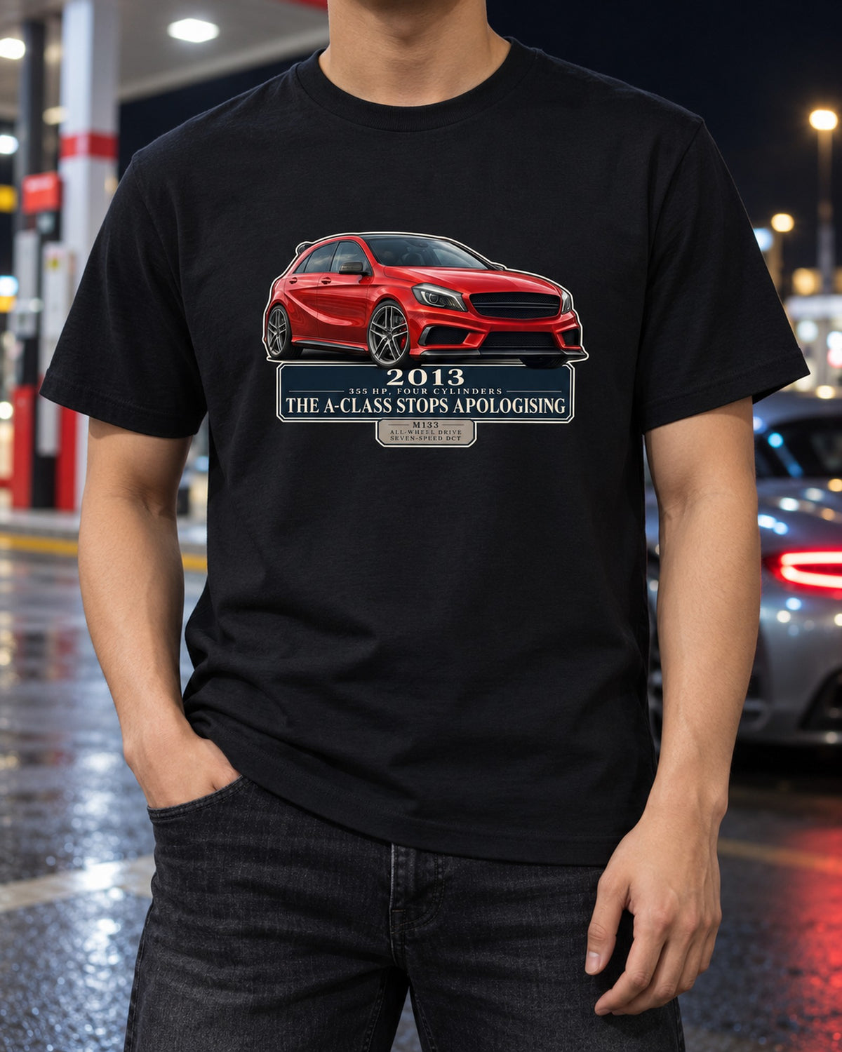 A45 AMG W176 Facelift Editorial Shirt, 355 HP Hatch T-Shirt Black worn hero