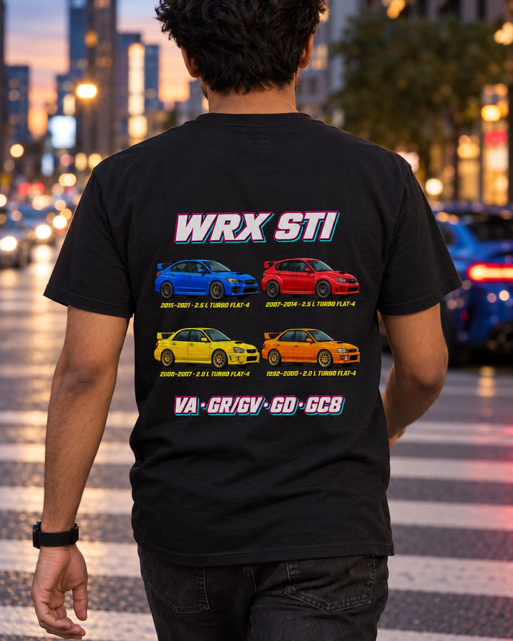 Subaru WRX STI Evolution Poster Full-Back Graphic Tee T-Shirt Black worn hero