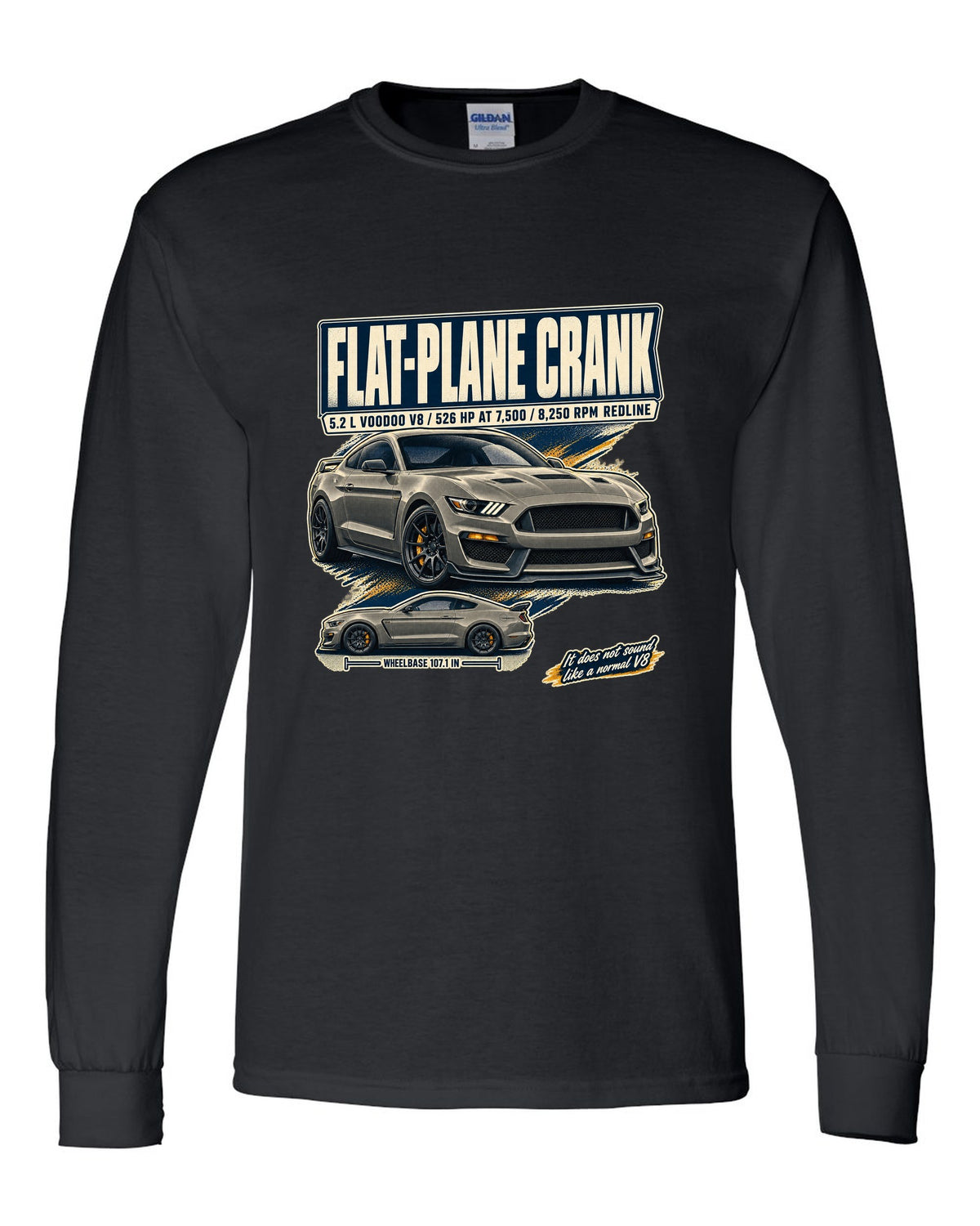 Ford Mustang S550 Shelby GT350 editorial headline print about the flat-plane crank V8 black long sleeve front view with the design