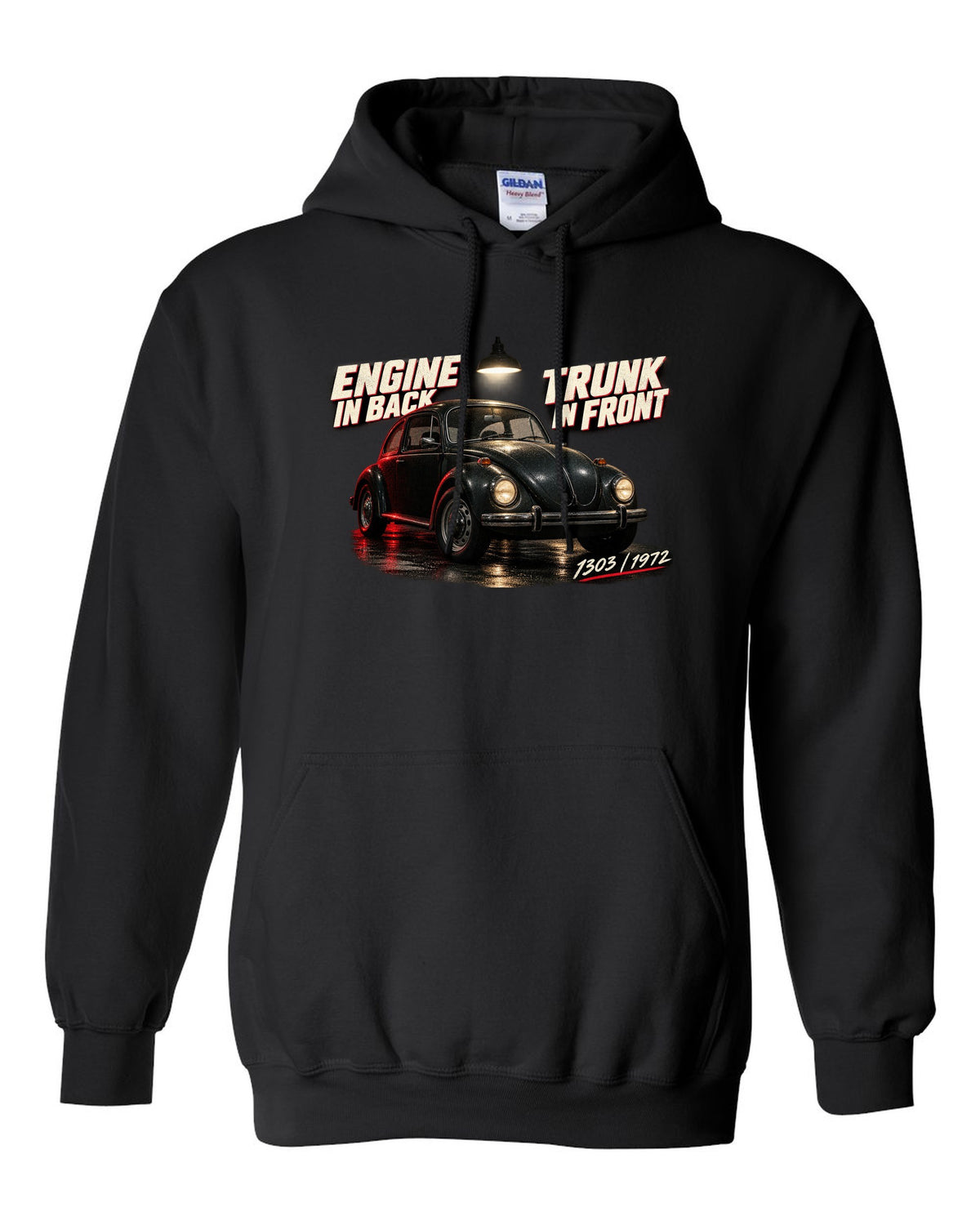 Garage night print of a VW Beetle 1303 front three-quarter with engine in back trunk in front text black pull over hoodie front view with the design