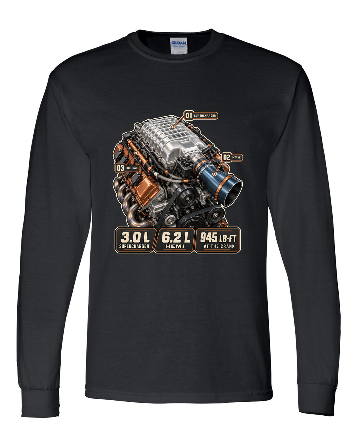Dodge Challenger SRT Demon 170 supercharged Hemi engine hero print black long sleeve front view with the design