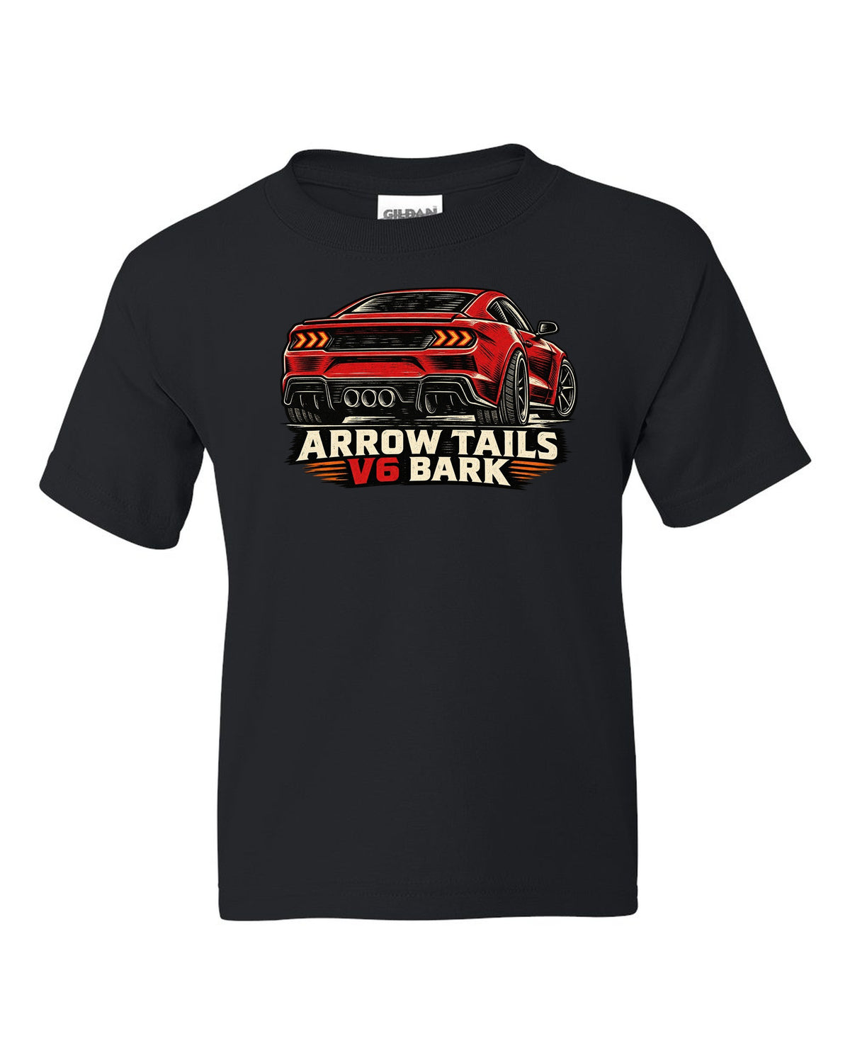 Linocut woodcut print of a Hyundai Genesis Coupe BK2 rear with arrow tails V6 bark text black kids tee front view with the design