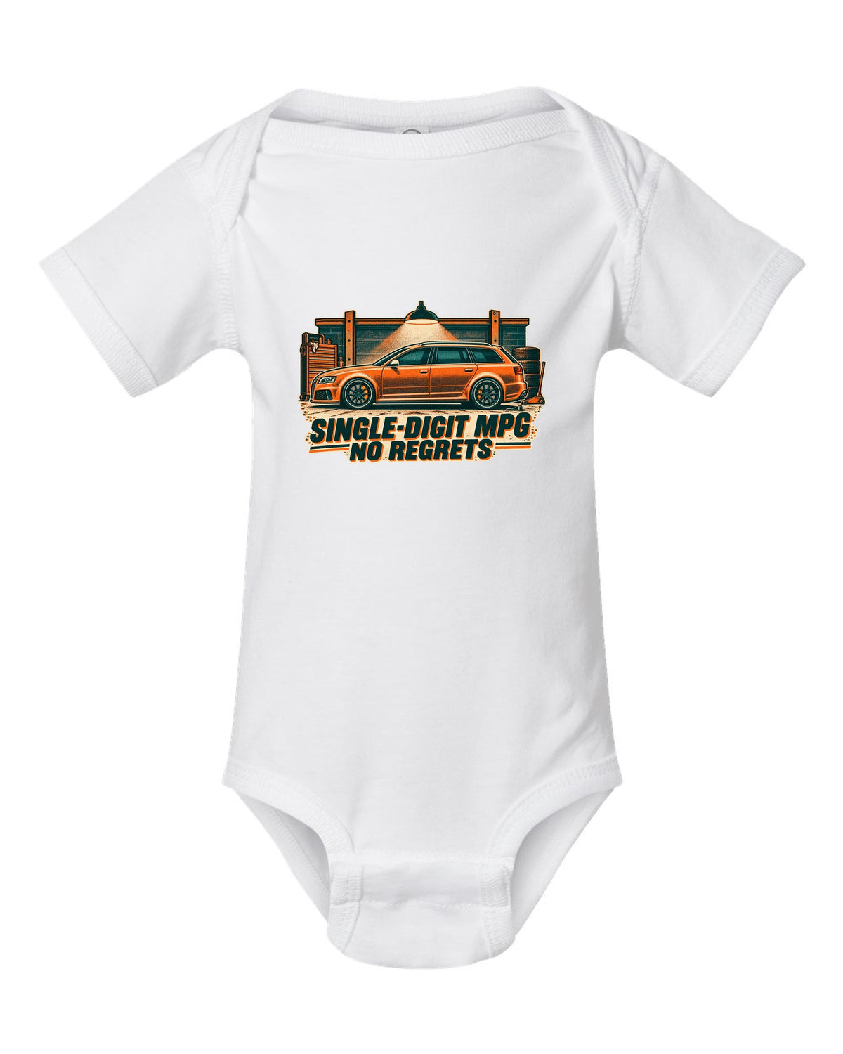 Risograph garage light design of the Audi RS6 Avant C6 4F with single-digit MPG no regrets lettering white baby onesie front view with the design