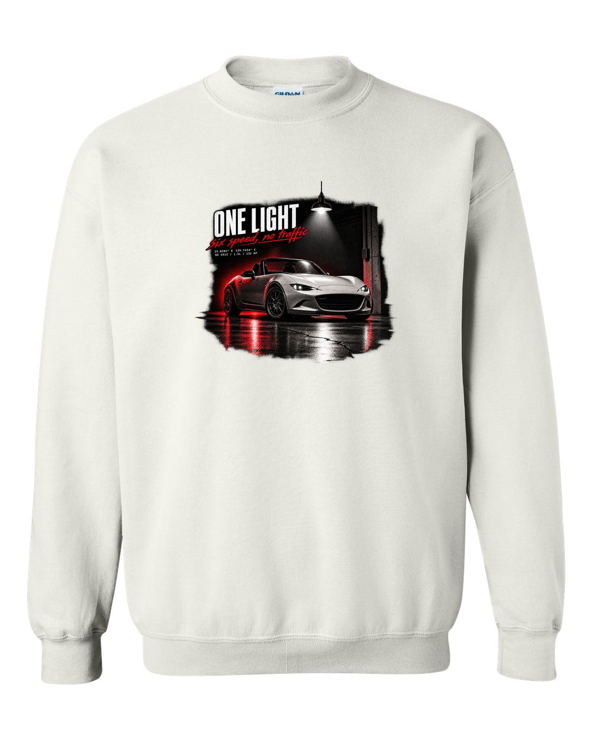 Garage night print for the 2015 Mazda MX-5 ND with 1.5L, 131 HP and six-speed lettering white crewneck front view with the design