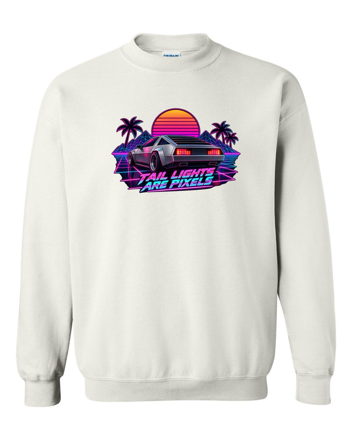 Synthwave outrun print of the Hyundai N Vision 74 concept with pixel tail lights text white crewneck front view with the design