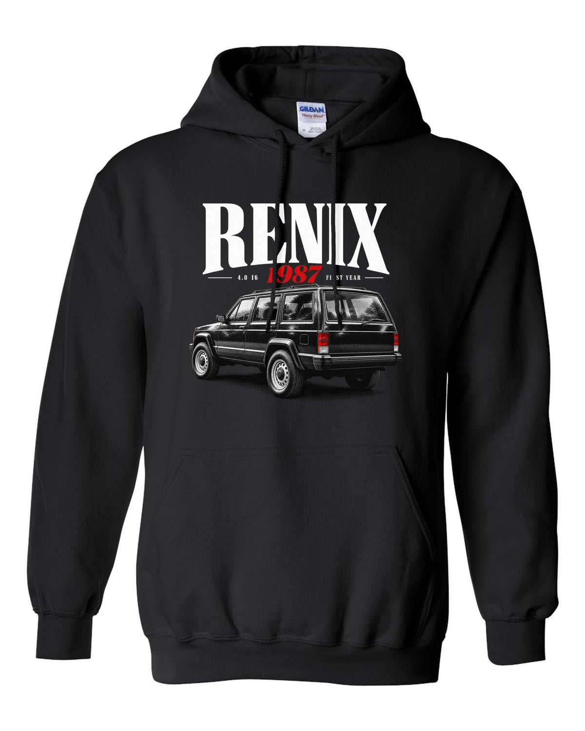 Jeep Cherokee XJ editorial headline print about the 1987 Renix 4.0 I6 black pull over hoodie front view with the design