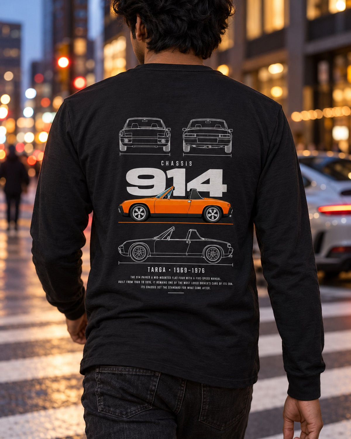 Porsche 914 Blueprint Full-Back Graphic Tee, 914 Chassis Code Long Sleeve Black worn hero