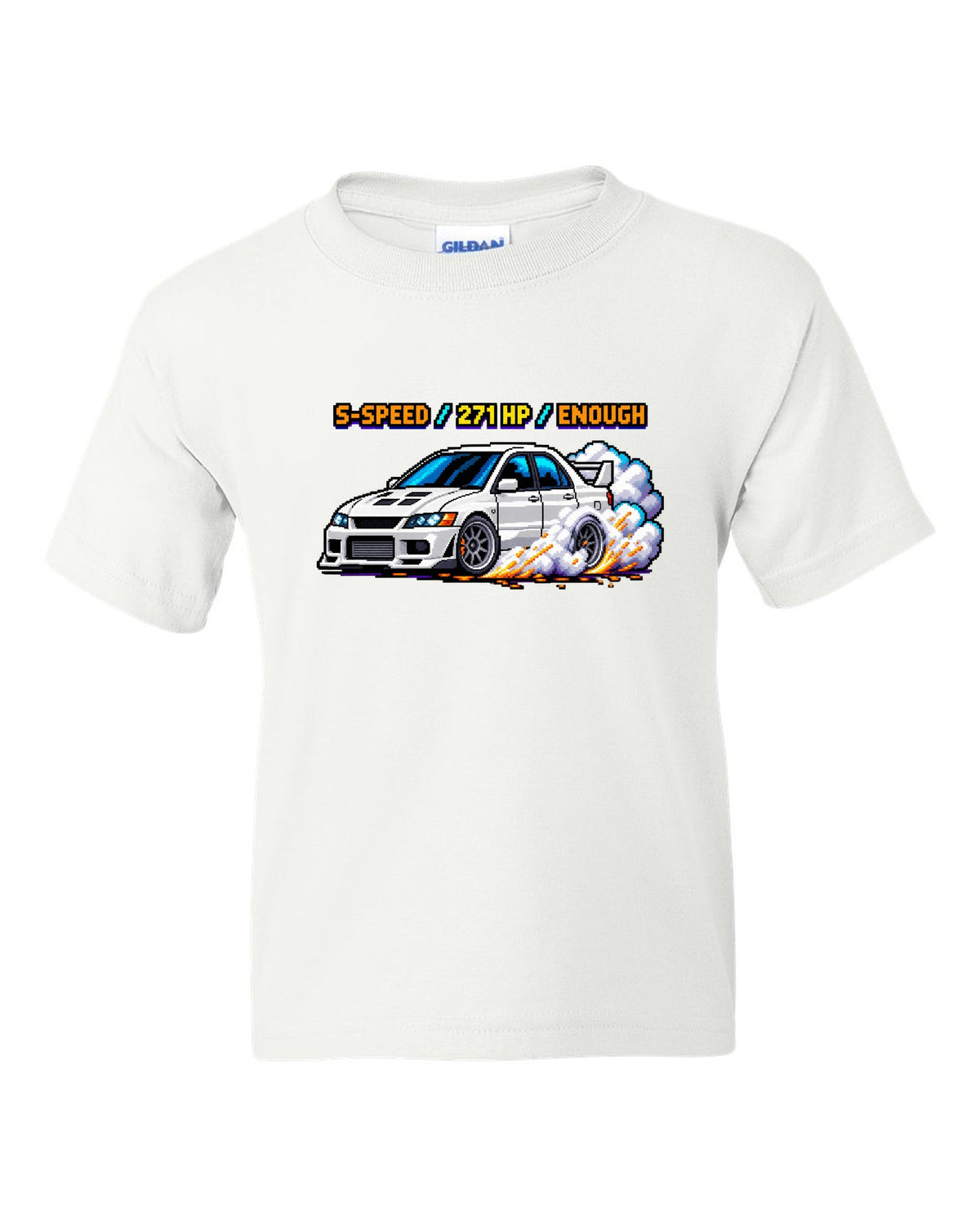 8-bit pixel art Mitsubishi Lancer Evolution VIII CT9A with launch control stats white kids tee front view with the design