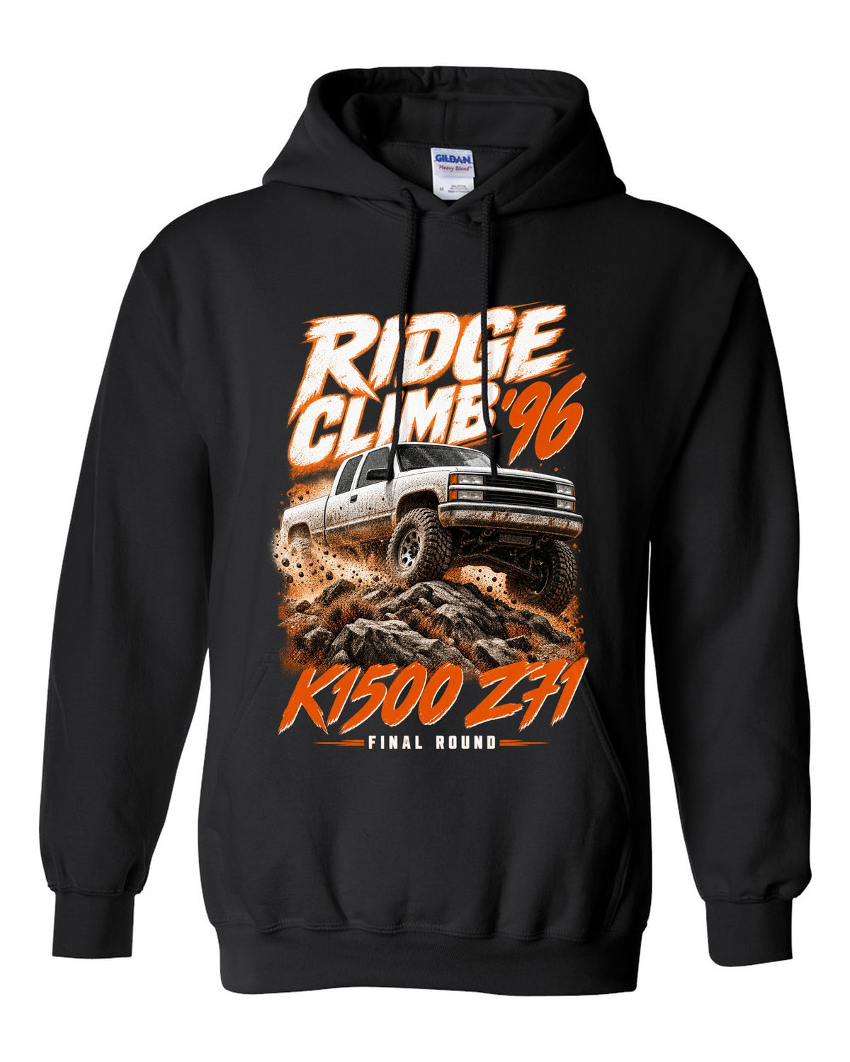 1996 Chevy K1500 Z71 OBS Ridge Climb race poster print black pull over hoodie front view with the design