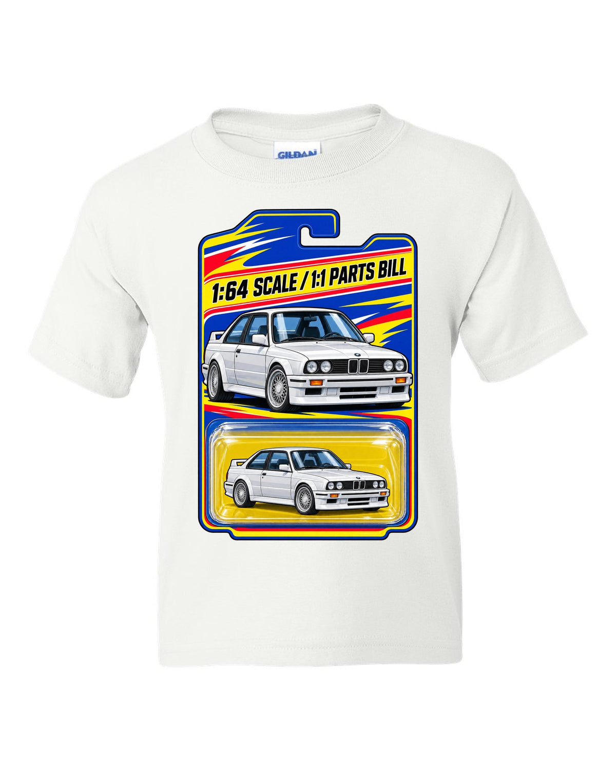 Vaporwave pastel print of a BMW E30 M3 slicktop with roof leaks not included text white kids tee front view with the design
