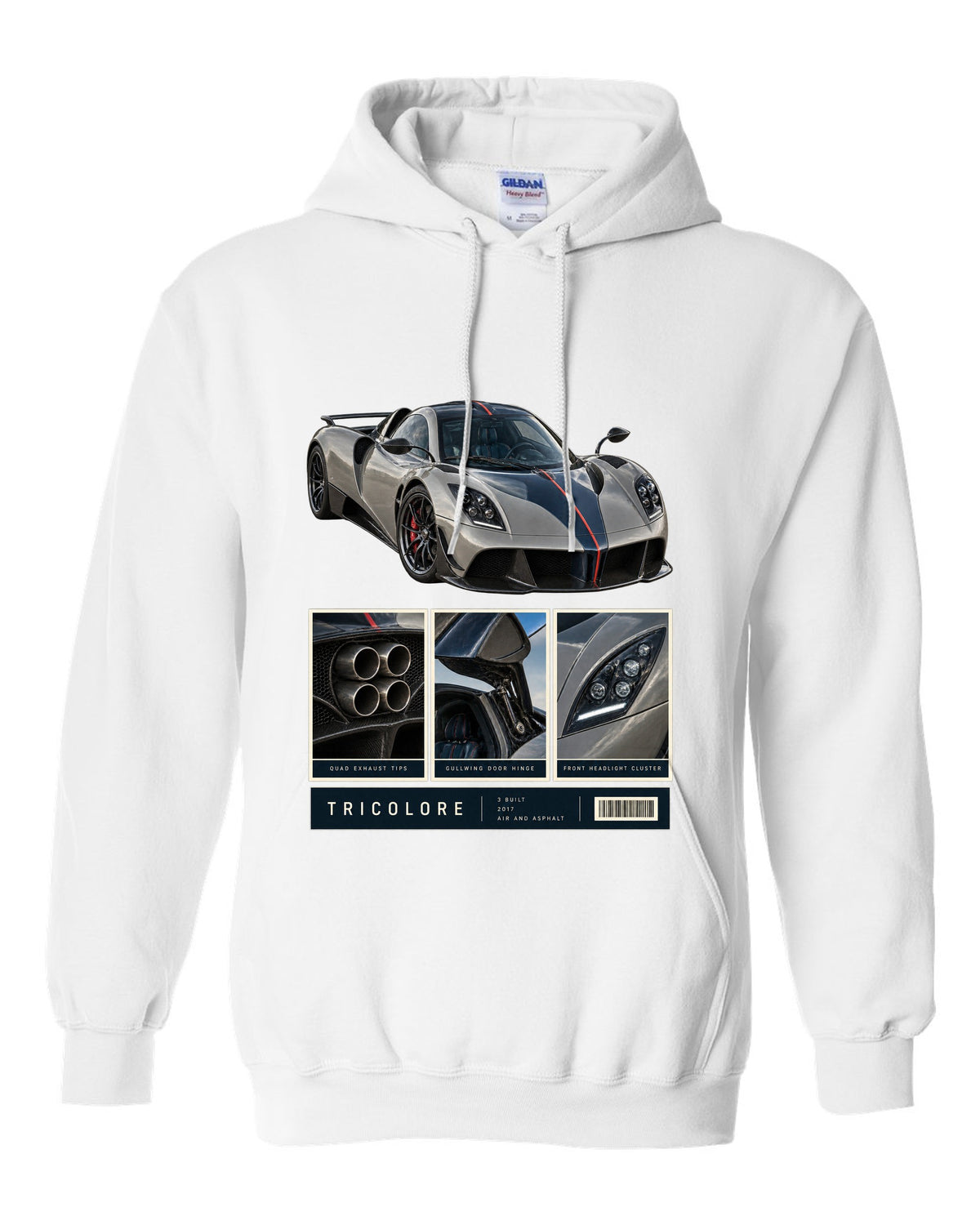 Dossier panel print of the Pagani Huayra Tricolore with the text Tricolore, 3 built, 2017, air and asphalt white pull over hoodie front view with the design