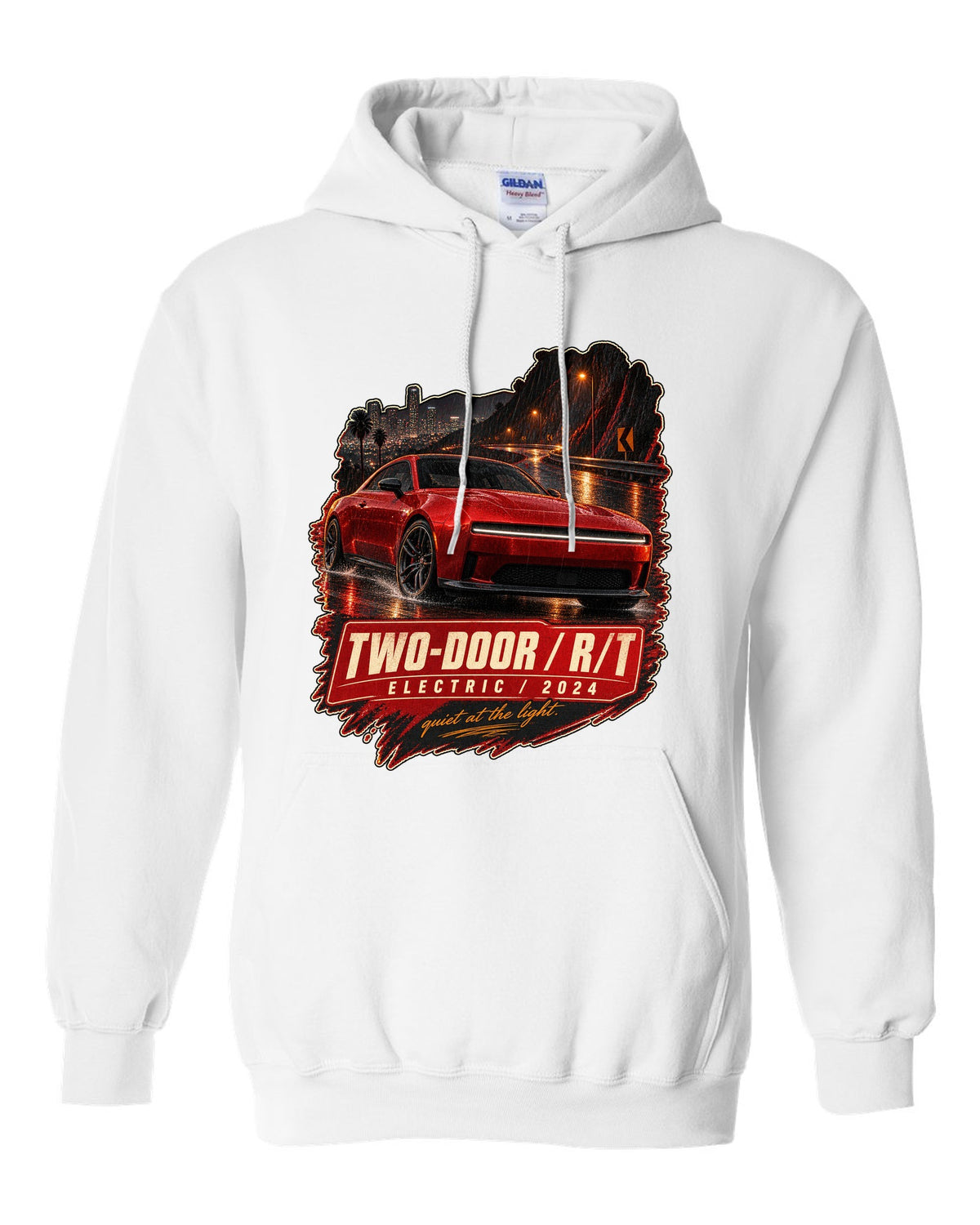print of a 2024 Dodge Charger Daytona R/T on a night street white pull over hoodie front view with the design