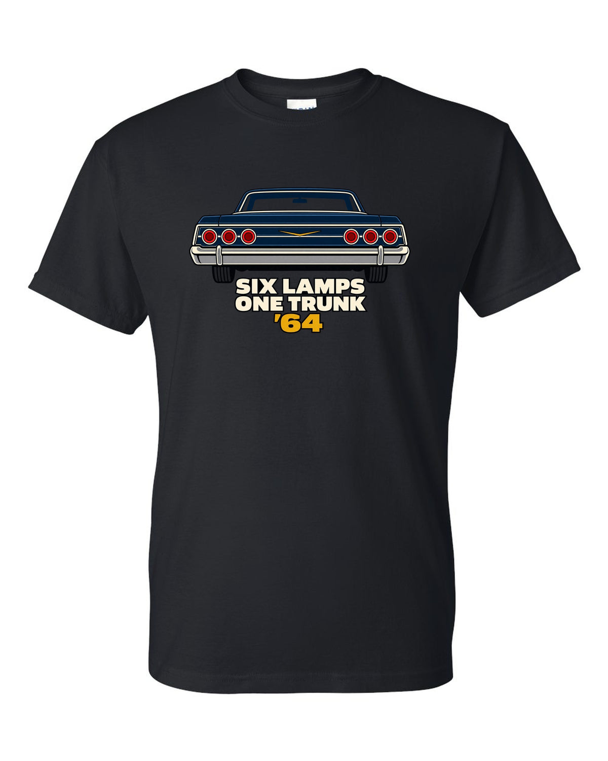 1964 Chevrolet Impala rear in minimal geometric vector style with text Six Lamps One Trunk '64 black t-shirt front view with the design