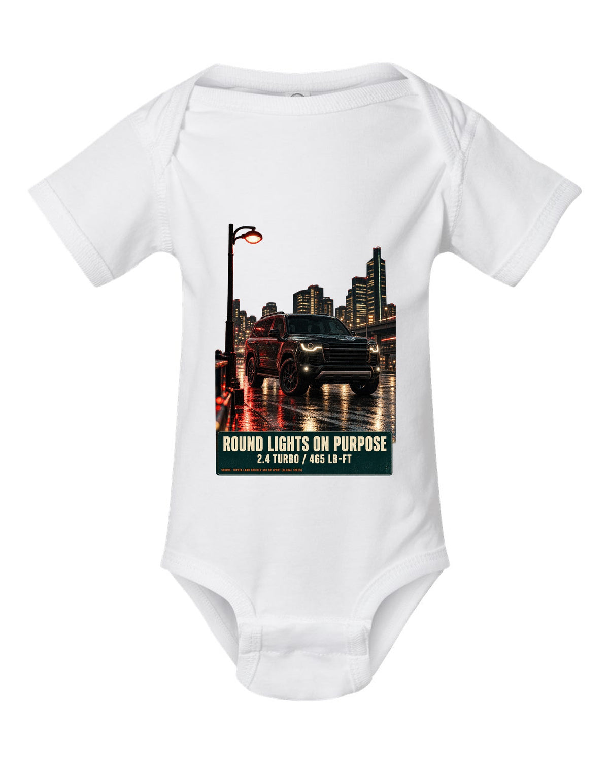 Toyota Land Cruiser 250 First Edition on a mountain pass at night white baby onesie front view with the design