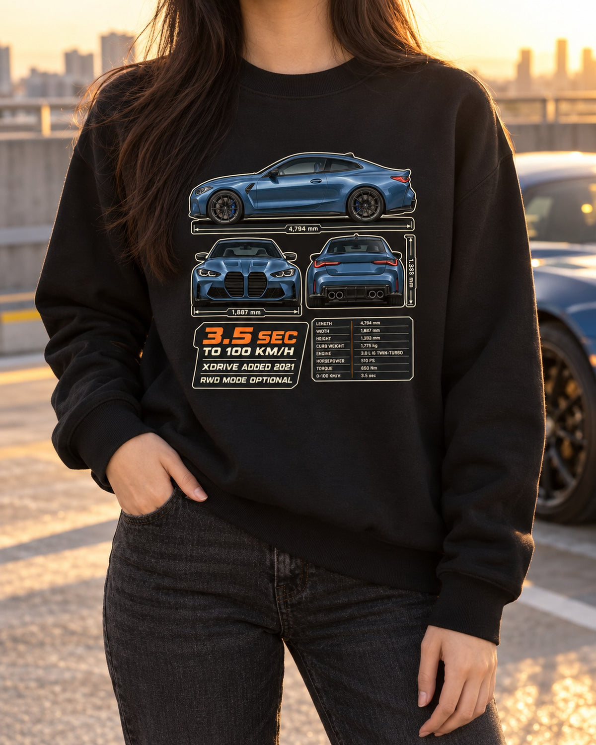 M4 Competition xDrive G82 Three-View Spec Tee, BMW Car Shirt Crewneck Black worn hero
