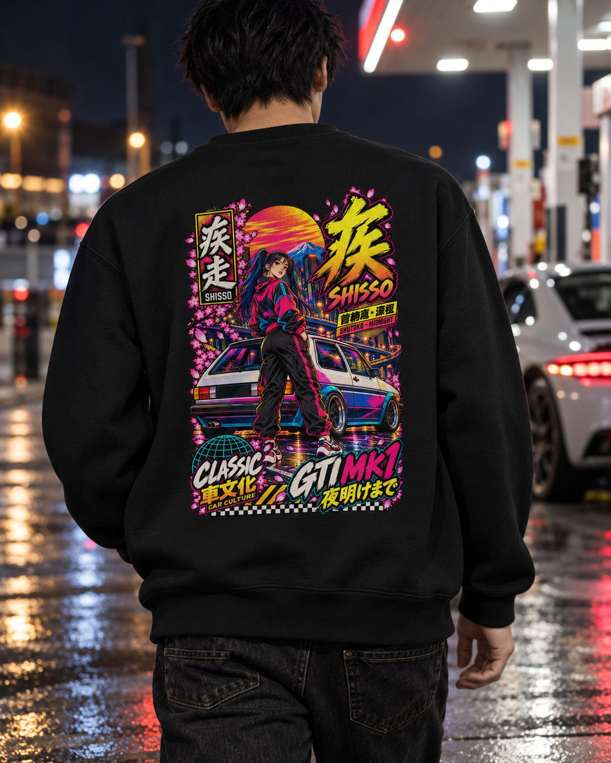 SHISSO GTI MK1 Anime Girl Full-Back Graphic Tee Crewneck Black worn hero