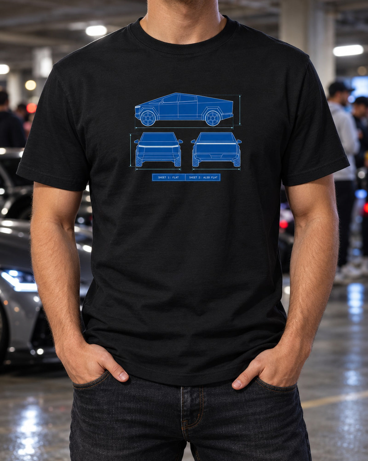 Tesla Cybertruck Flat Panel Blueprint Shirt, EV Truck Gift T-Shirt Black worn hero