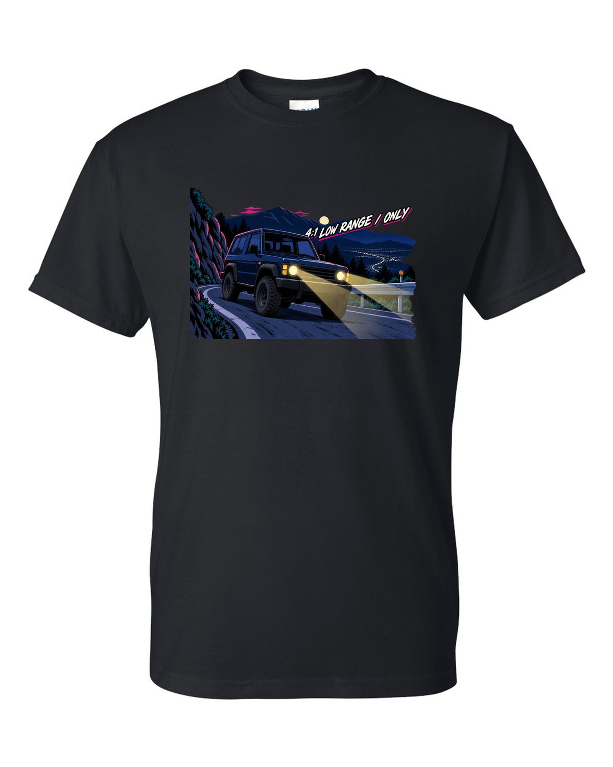 Jeep Wrangler JLU cel-shaded 90s anime night mountain pass with 4:1 low range only text black t-shirt front view with the design