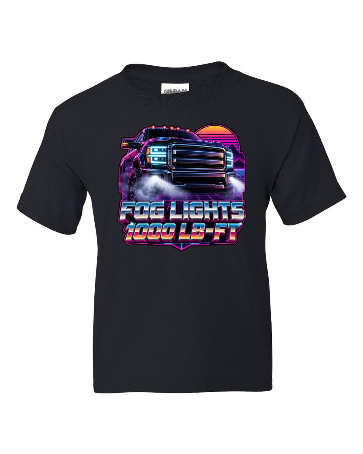 Neon synthwave grid print of a 2019-2024 Ram HD 2500 with the 6.7 HO and 1000 lb-ft text black kids tee front view with the design