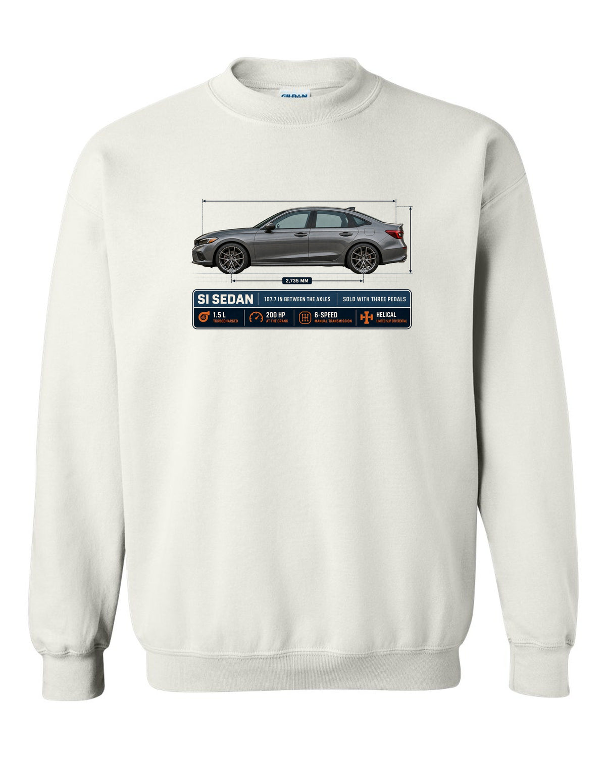 Civic Si FE1 Sedan Dimension Blueprint white crewneck front view with the design