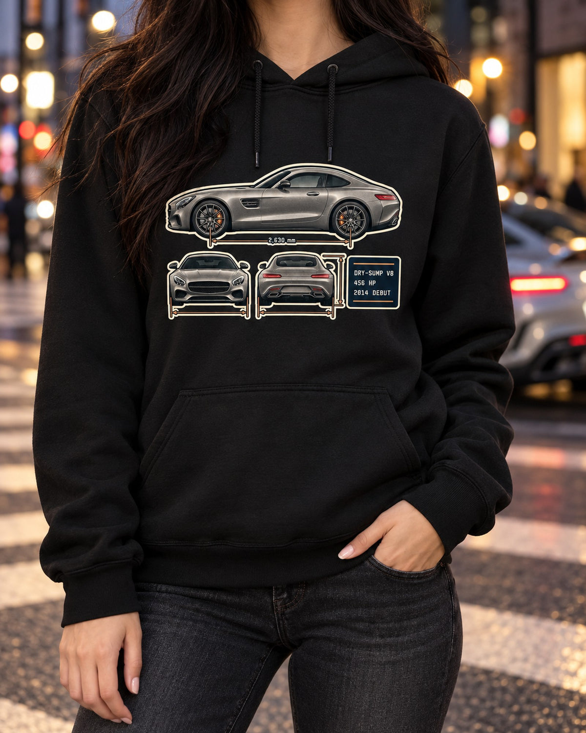 Mercedes-AMG GT C190 Three-View Spec Table Tee, 2014 Debut Pull Over Hoodie Black worn hero