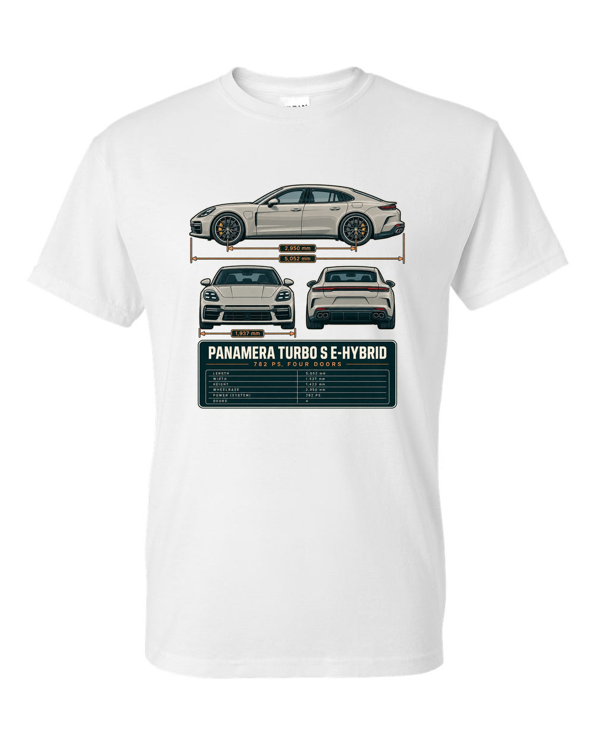 Three-view print of a Porsche Panamera Turbo S E-Hybrid G3 with 782 PS spec table white t-shirt front view with the design