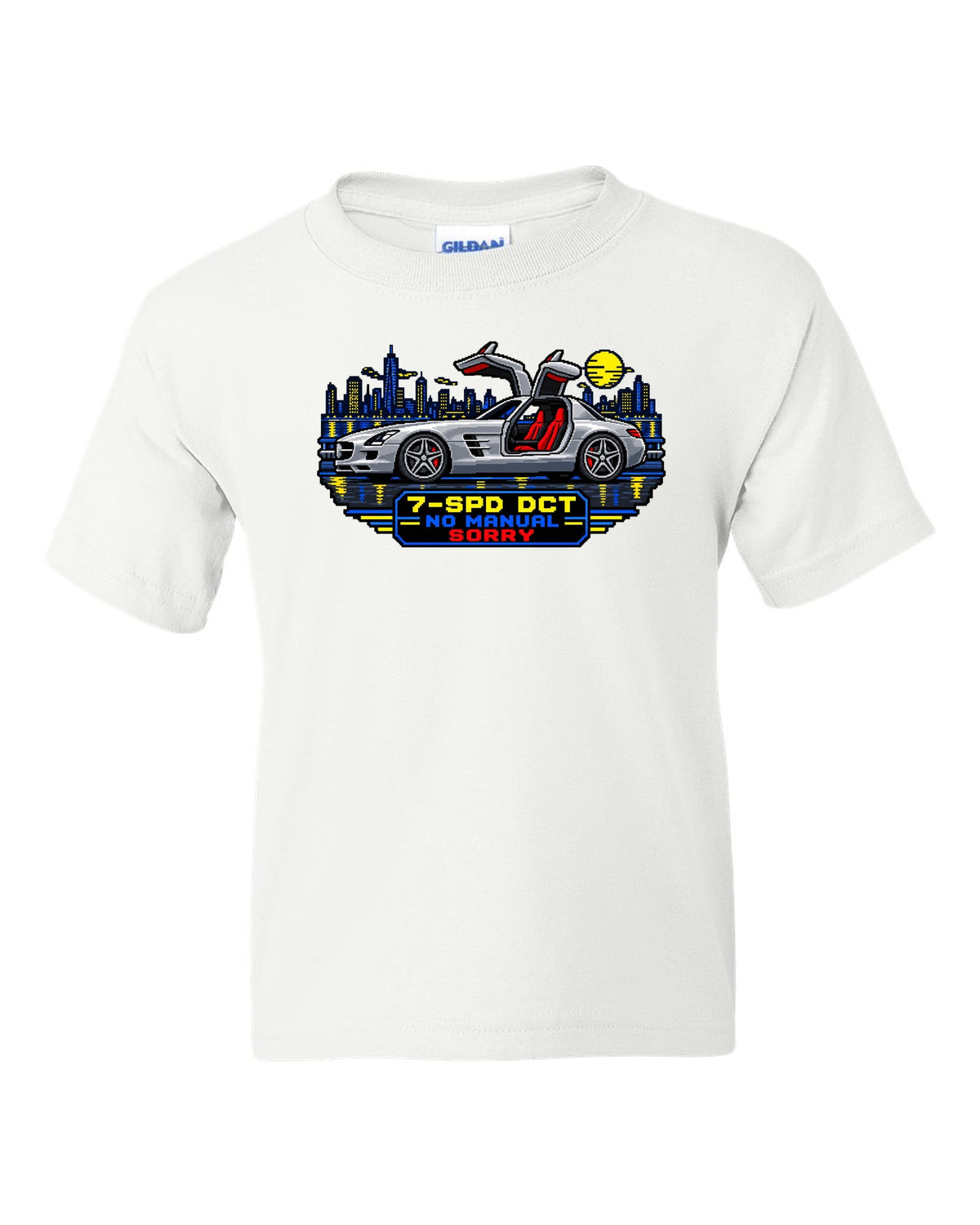 16-bit pixel art Mercedes SLS AMG C197 gullwing with 7-SPD DCT No Manual Sorry text white kids tee front view with the design