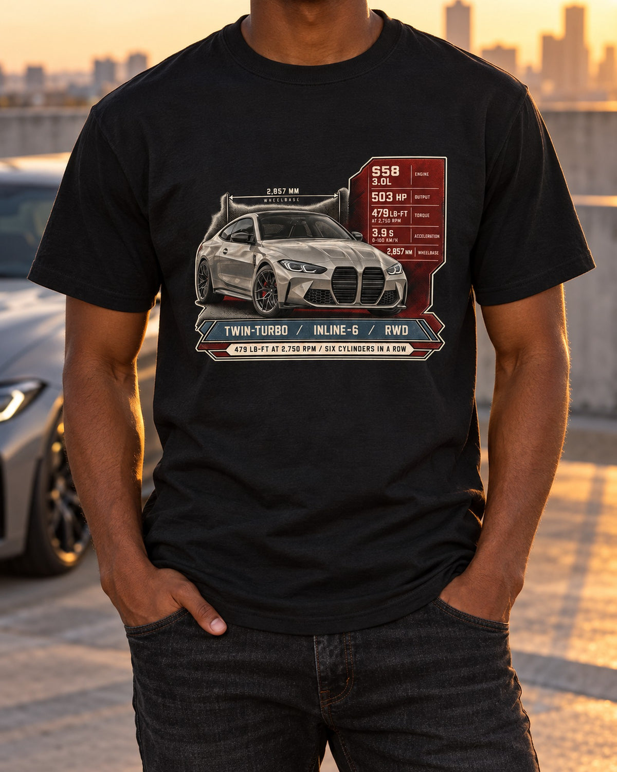 BMW M4 Competition G82 Spec Poster Shirt, Inline-Six Torque Tee T-Shirt Black worn hero