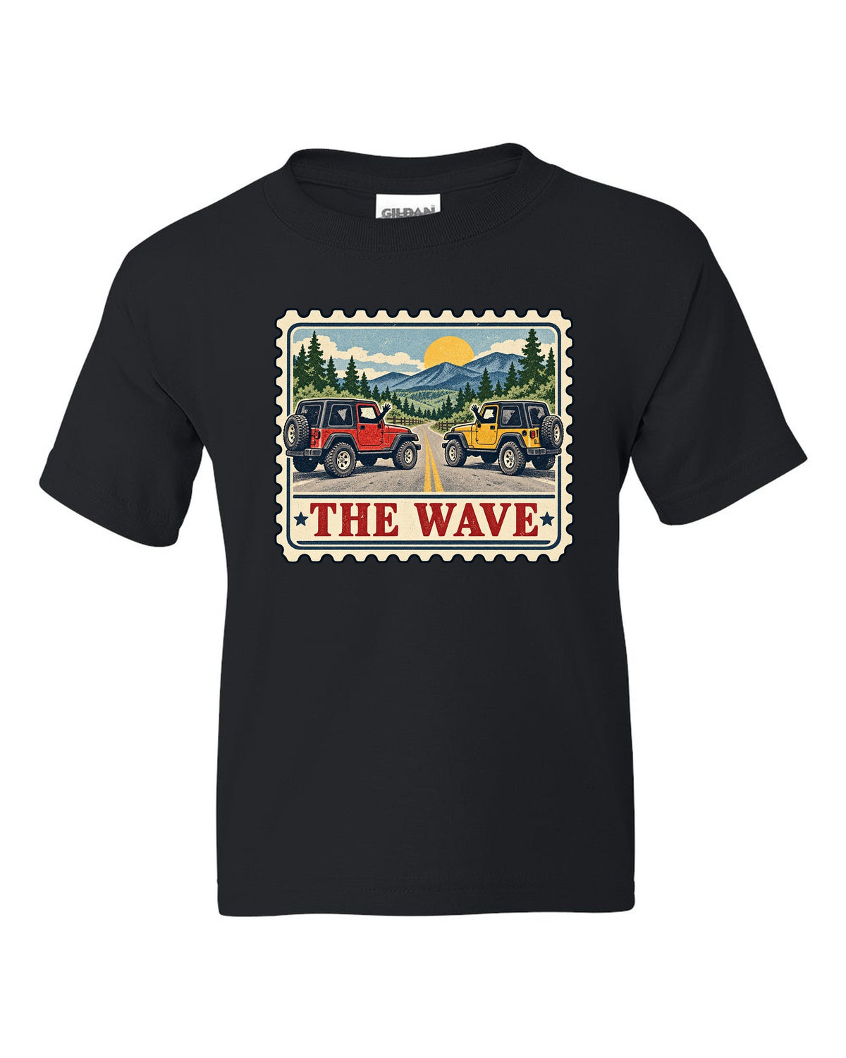 Vintage postage stamp print of a Jeep Wrangler TJ with the words The Wave black kids tee front view with the design