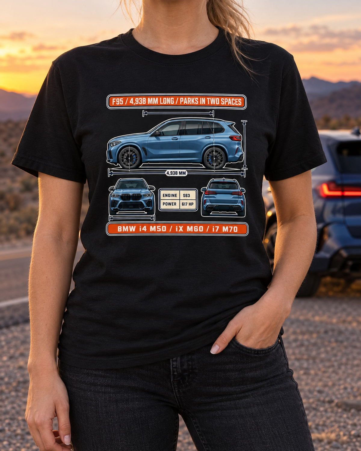 BMW X5 M Competition F95 Blueprint Tee, Car Enthusiast Gift T-Shirt Black worn hero