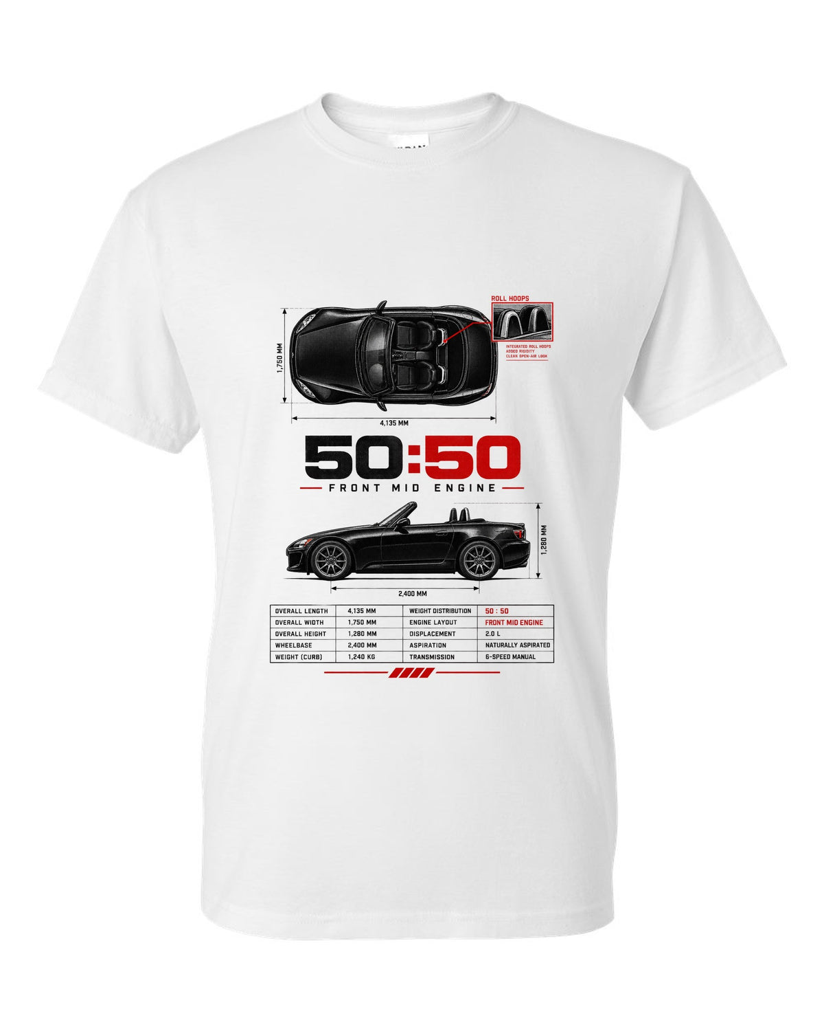 Honda S2000 AP2 roadster spec poster design with 50:50 front mid engine 2,400 mm text white t-shirt front view with the design