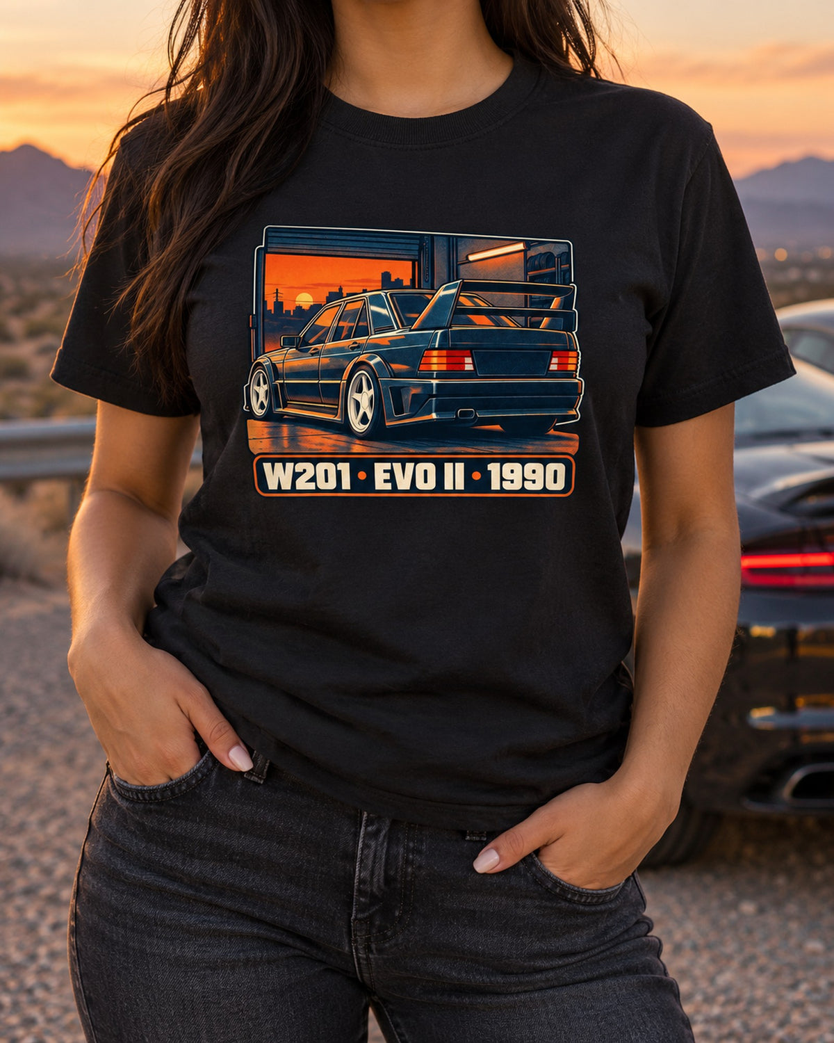 Mercedes-Benz 190E 2.5-16 Evo II W201 Garage Dusk Risograph Tee T-Shirt Black worn hero