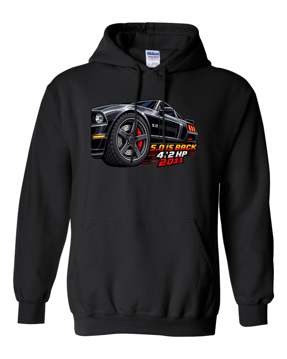 16-bit pixel art print of a Ford Mustang S197 GT wheel with 5.0 is back 412 HP text black pull over hoodie front view with the design