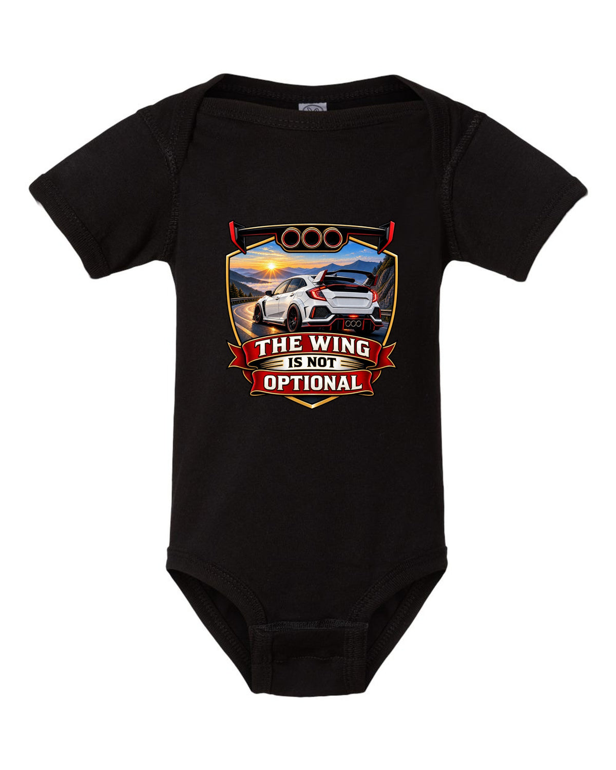 Racing shield print of a Honda Civic Type R FK8 ch with the wing is not optional text black baby onesie front view with the design