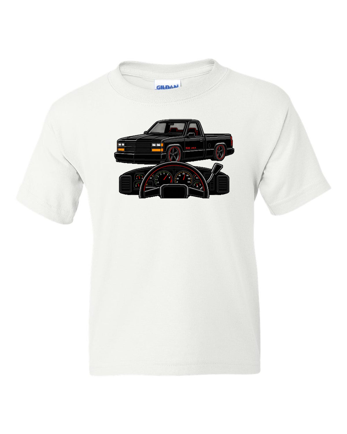 16-bit pixel art gauge print for a 1990-93 Chevrolet 454 SS pickup with SS 454 text white kids tee front view with the design