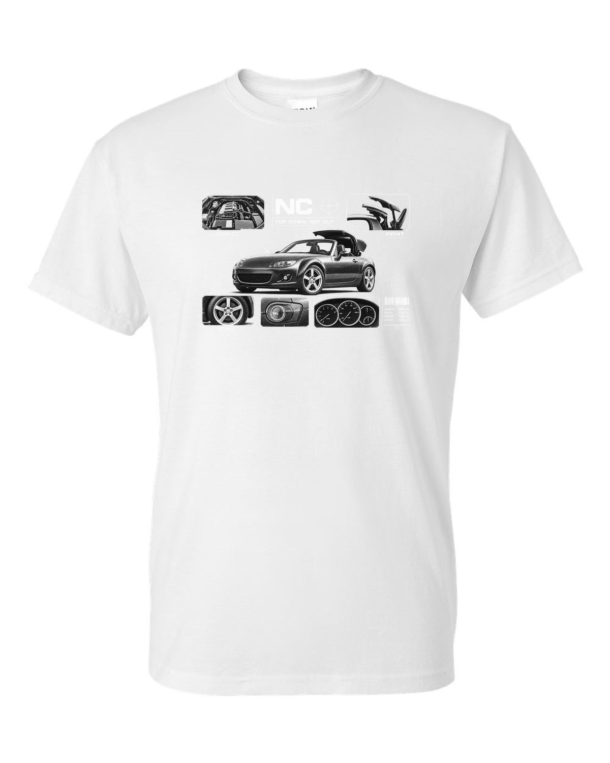 Dossier panel print of a Mazda MX-5 NC PRHT with roof and 1,999 cc lettering white t-shirt front view with the design