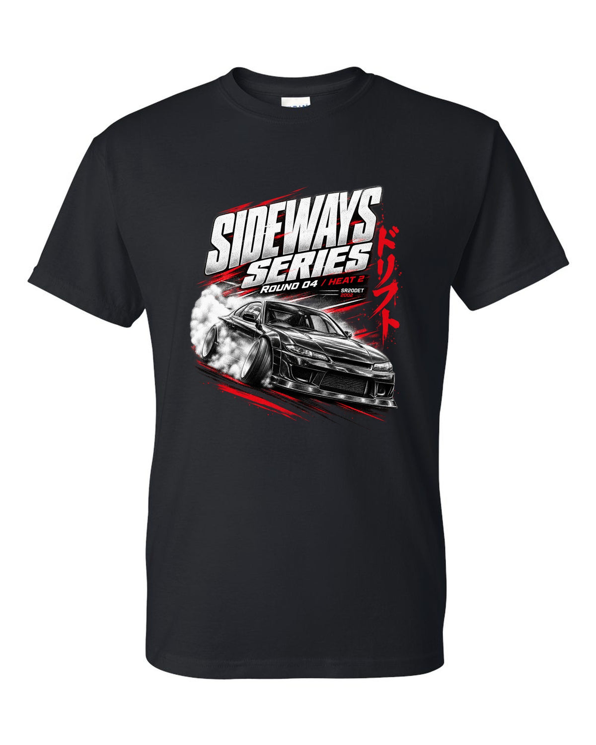 Race poster print of a Nissan Silvia S15 with Sideways Series Round 04 lettering black t-shirt front view with the design
