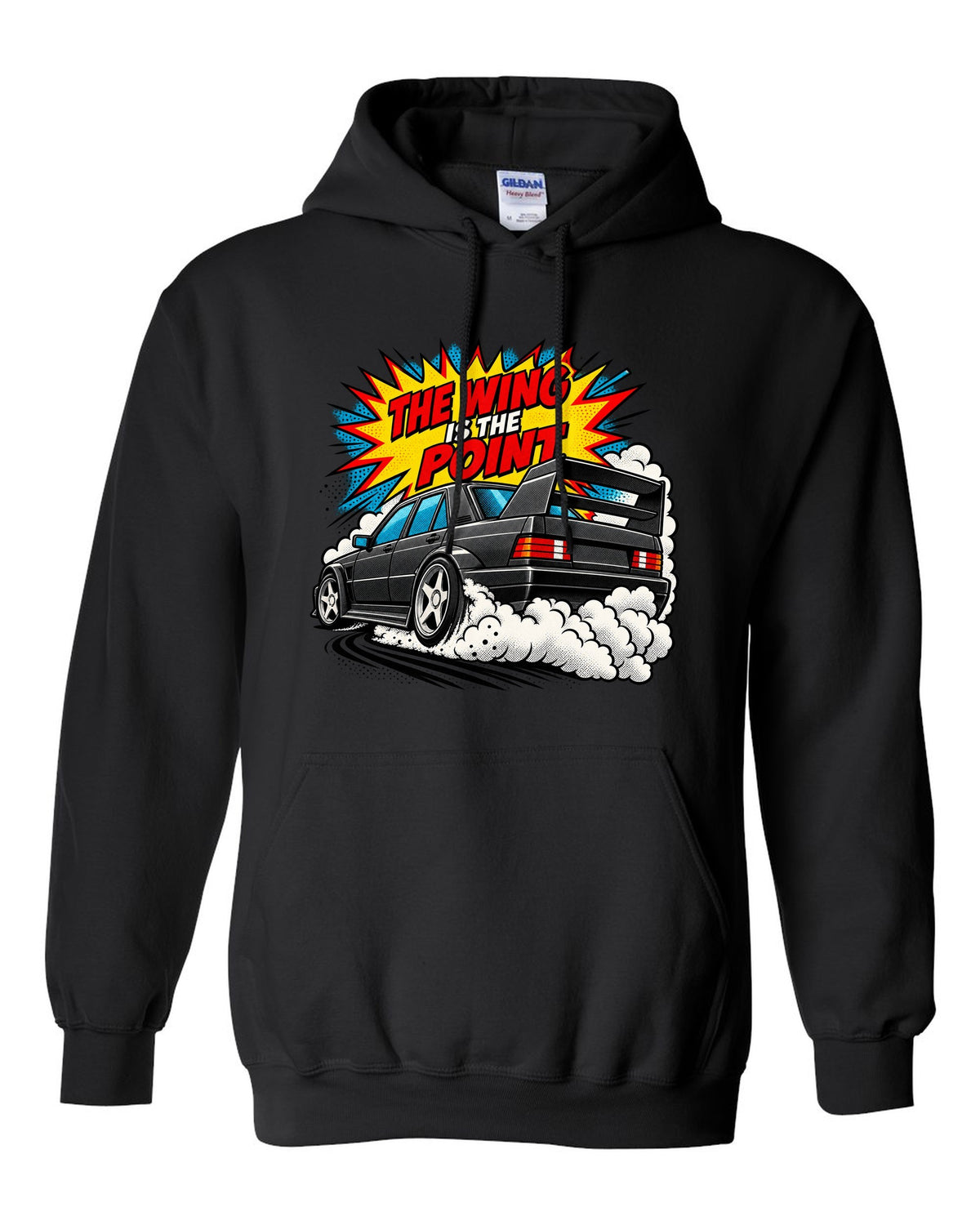 Comic halftone pop-art print of a Mercedes 190E Evo II W201 with rear wing black pull over hoodie front view with the design