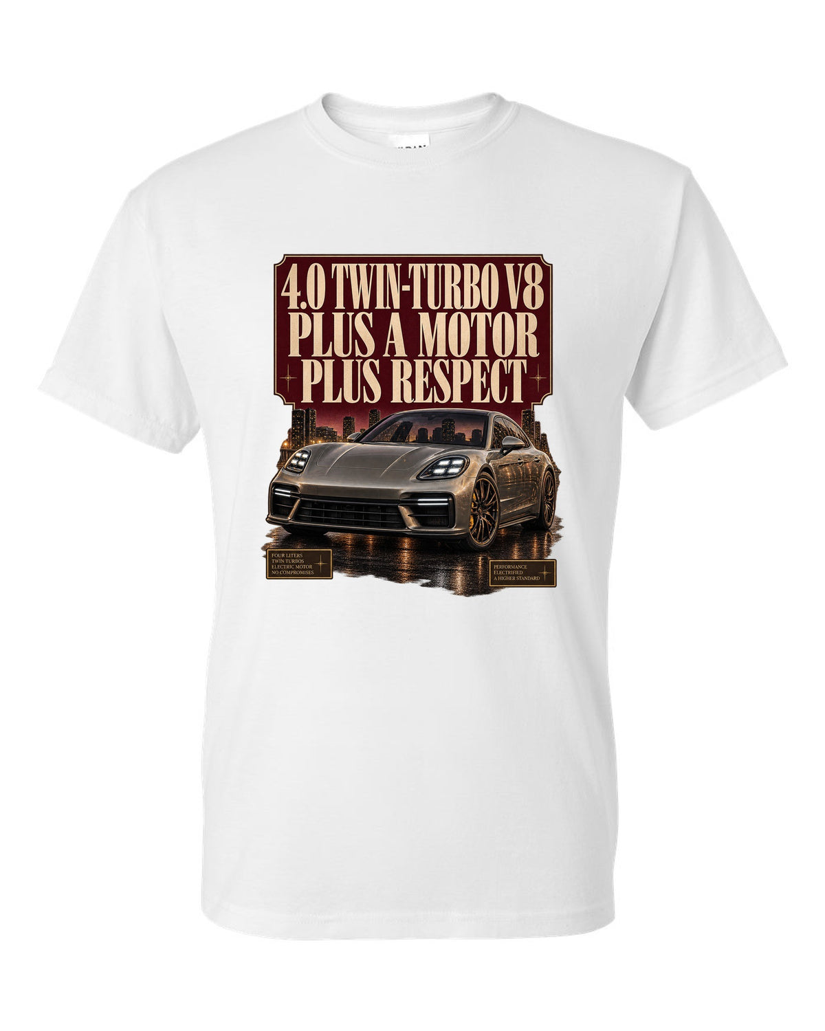 Editorial headline print of a low front three-quarter Porsche Panamera Turbo S E-Hybrid G3 at dusk white t-shirt front view with the design