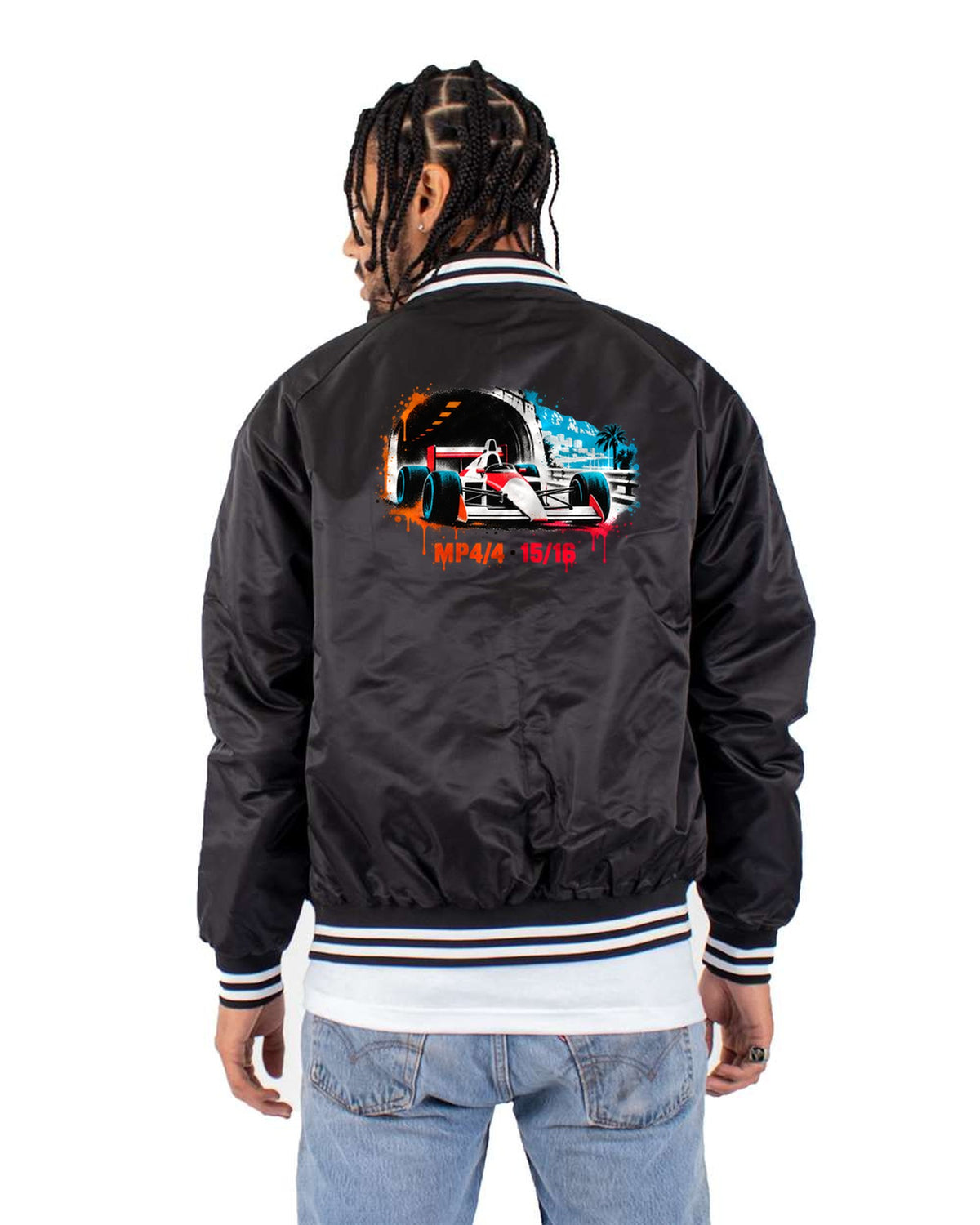 McLaren MP4/4 Stencil Street Art Tee, 15 of 16 Wins Bomber Jacket Black back