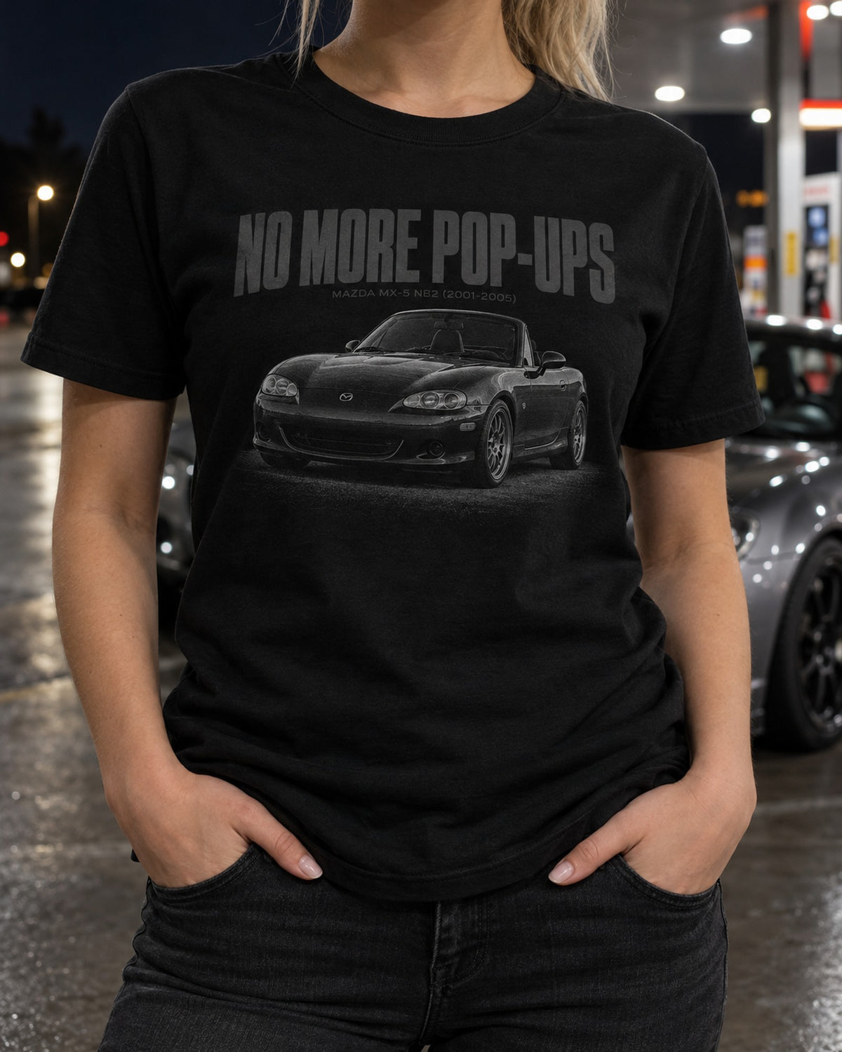 Mazda MX-5 NB NB2 Halftone Shirt, No More Pop-Ups T-Shirt Black worn hero