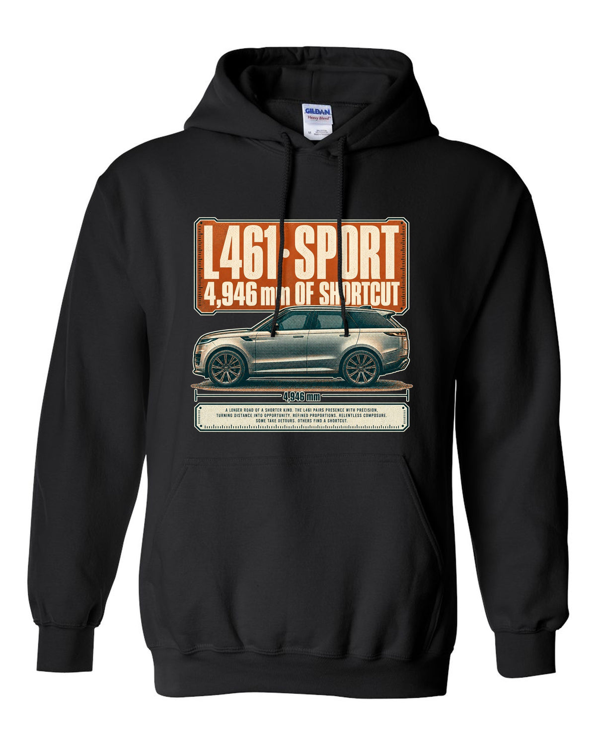 Halftone statement print of the Range Rover Sport L461 with length lettering black pull over hoodie front view with the design