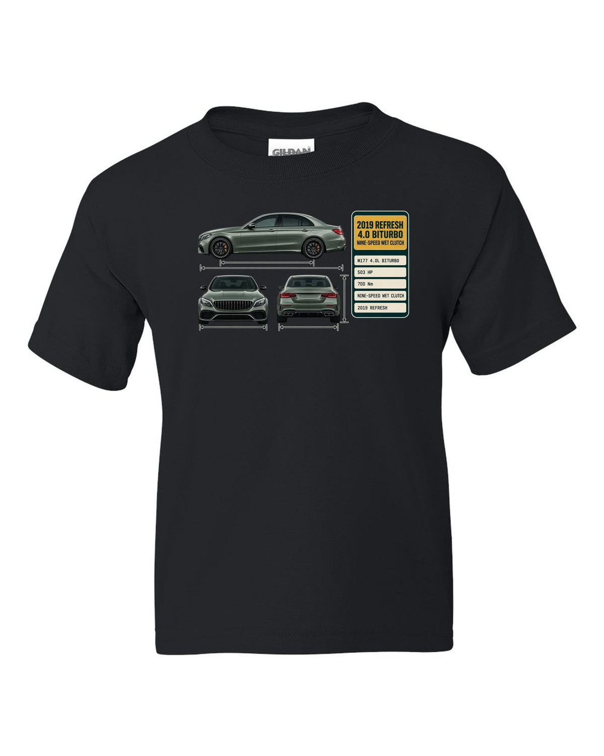 Spec poster print of a Mercedes-AMG C63 S W205 facelift sedan black kids tee front view with the design