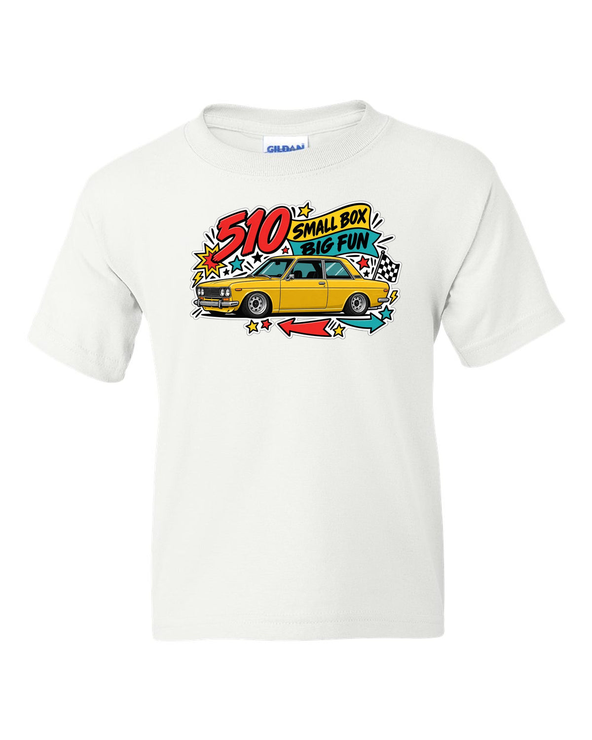 Sticker-bomb print for the Datsun 510 reading 510 Small Box Big Fun white kids tee front view with the design