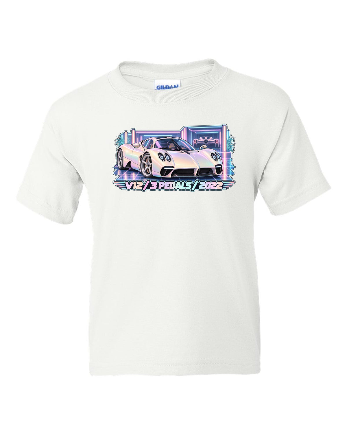 Pastel vaporwave garage illustration of a Pagani Utopia with V12 3 PEDALS 2022 lettering white kids tee front view with the design
