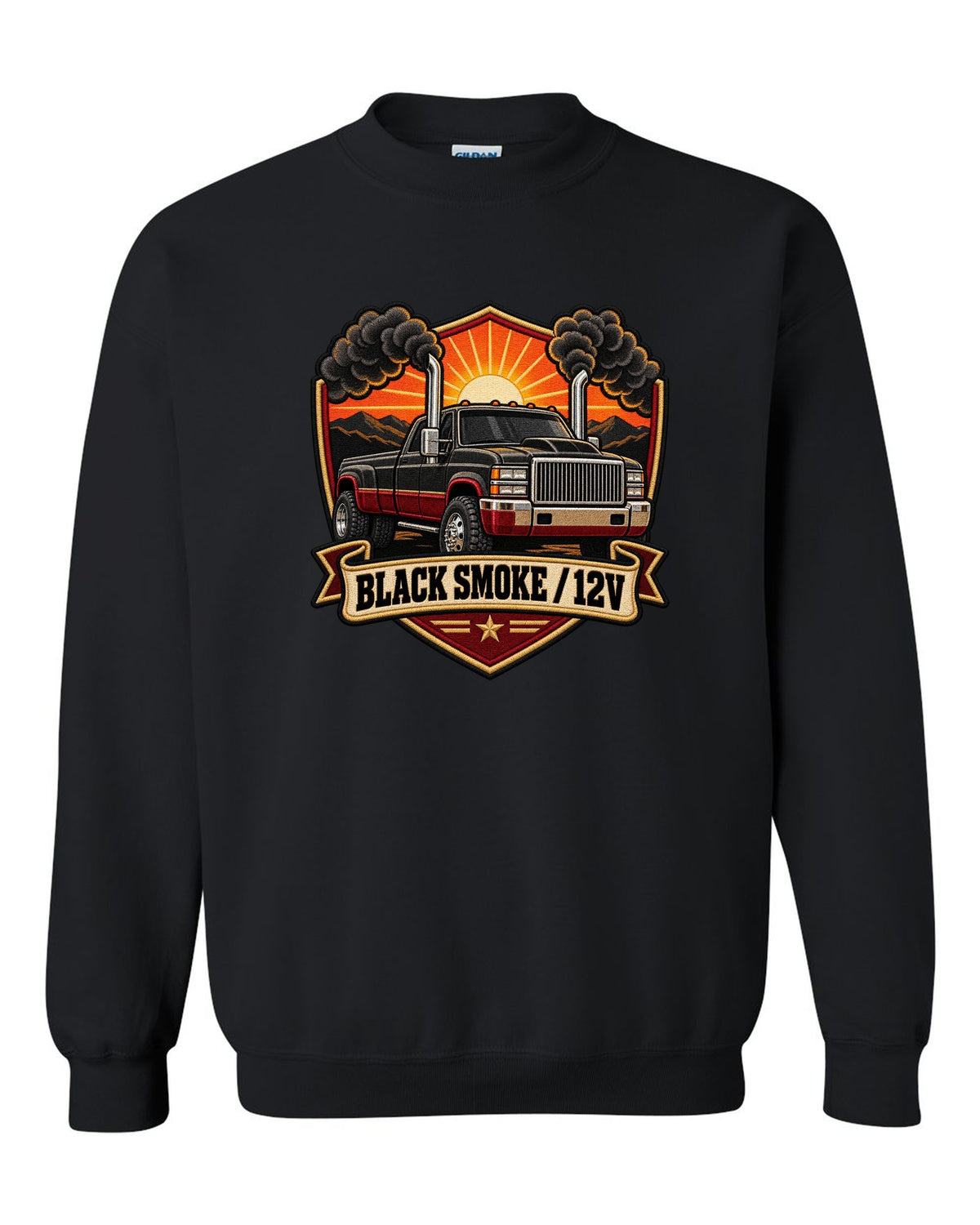 Varsity crest print of a 1994-1998 Dodge Ram 2nd gen with twin chrome smoke stacks and 12V text black crewneck front view with the design
